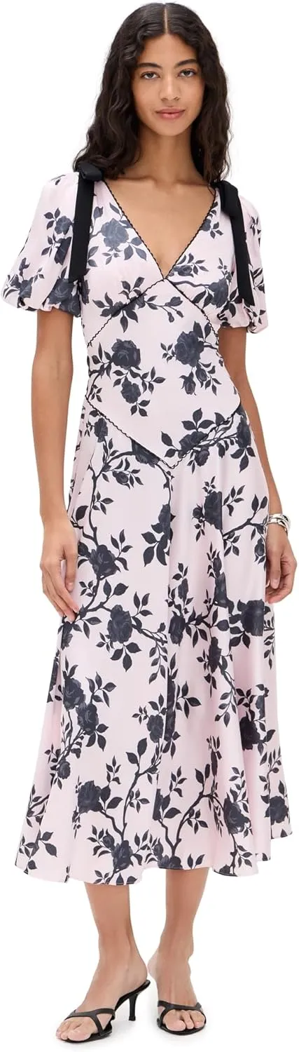 Women's Pink Satin Floral Midi Dress