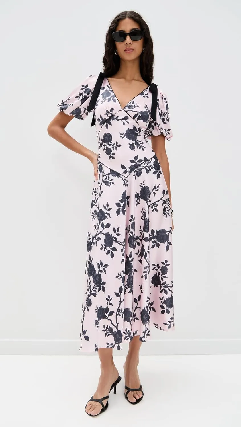 Women's Pink Satin Floral Midi Dress