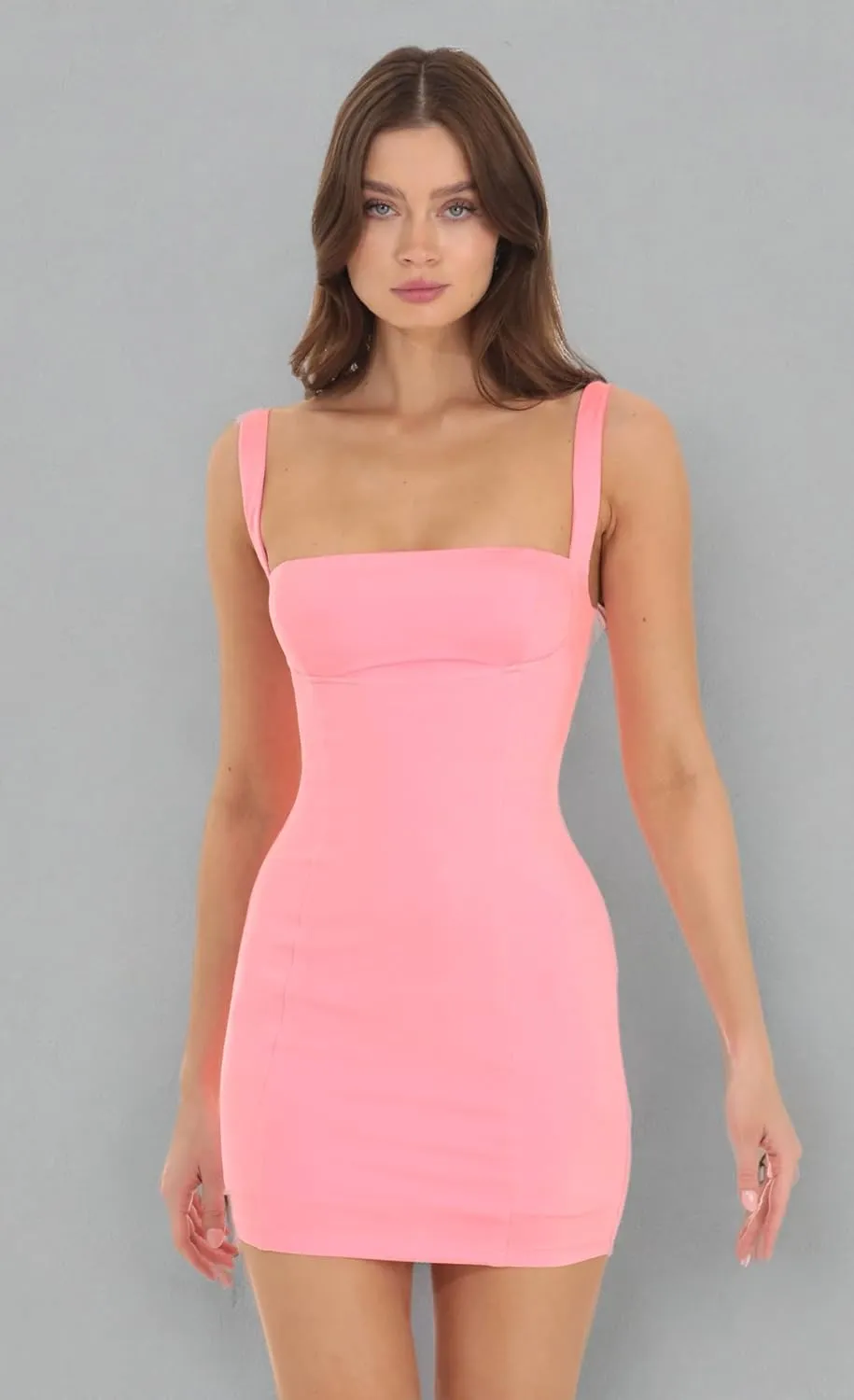 Women's Pink Satin Stretch Bodycon Mini Dress: Sleeveless with Lace Back Detail