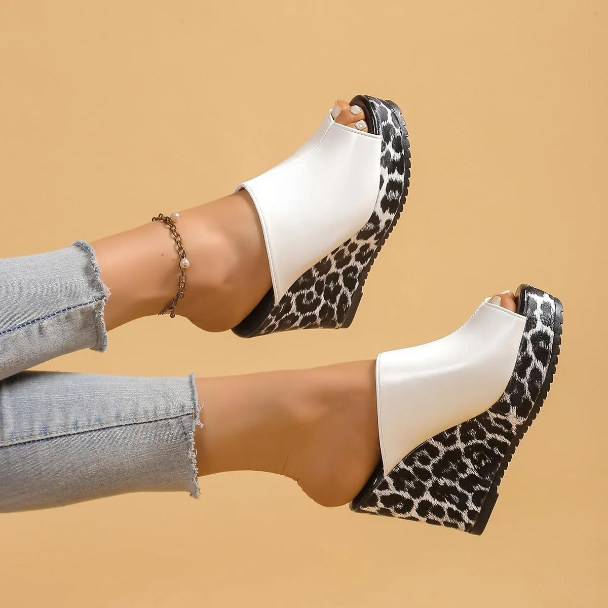 Women's Platform Heels Wedge Sandals Peep Toe Leopard High Heels Comfortable Matte Mules Heeled Sandals Dressy Pumps Shoes