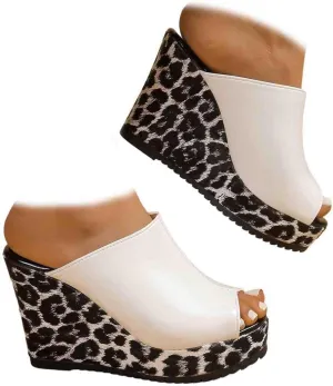 Women's Platform Heels Wedge Sandals Peep Toe Leopard High Heels Comfortable Matte Mules Heeled Sandals Dressy Pumps Shoes