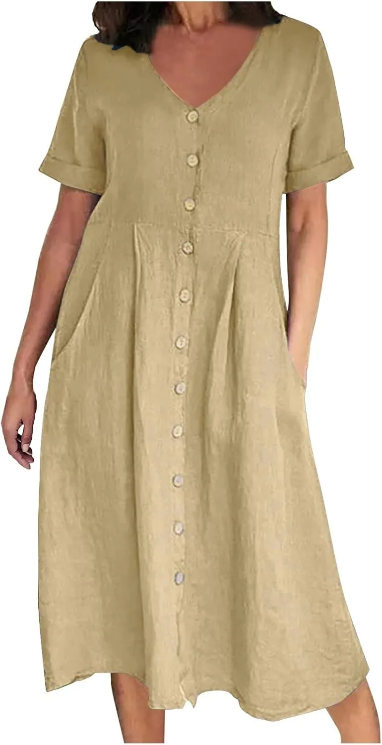 Womens Plus Size Cotton Linen Summer Dress Casual V-Neck Solid Short Sleeve Button Pocket T-Shirt Dress