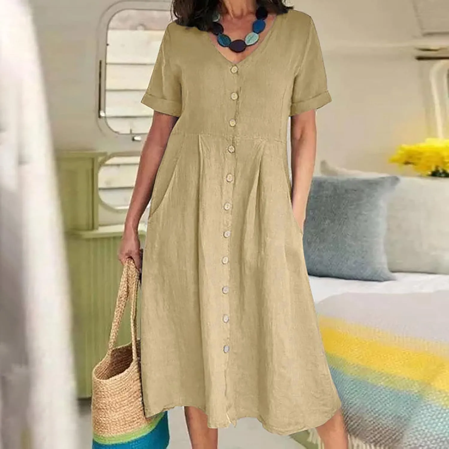 Womens Plus Size Cotton Linen Summer Dress Casual V-Neck Solid Short Sleeve Button Pocket T-Shirt Dress