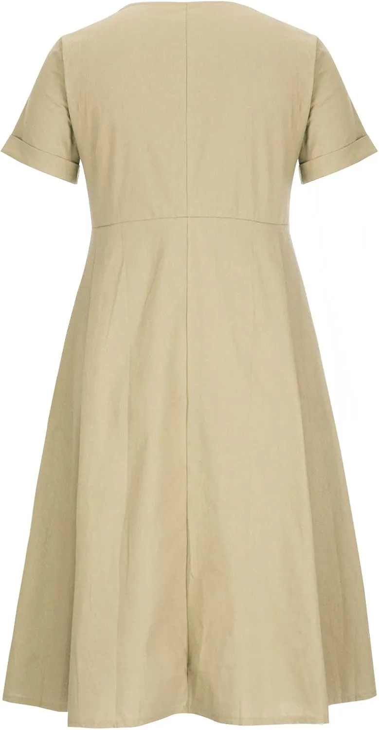 Womens Plus Size Cotton Linen Summer Dress Casual V-Neck Solid Short Sleeve Button Pocket T-Shirt Dress