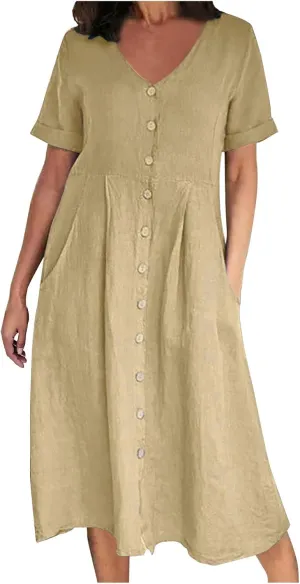 Womens Plus Size Cotton Linen Summer Dress Casual V-Neck Solid Short Sleeve Button Pocket T-Shirt Dress