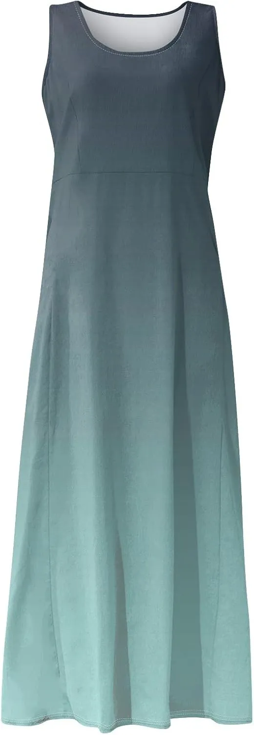 Womens Plus Size Summer Dresses 2025 Gradient Ombre Trendy Casual Vacation Sleeveless Boho Tank Midi Pockets Sundresses