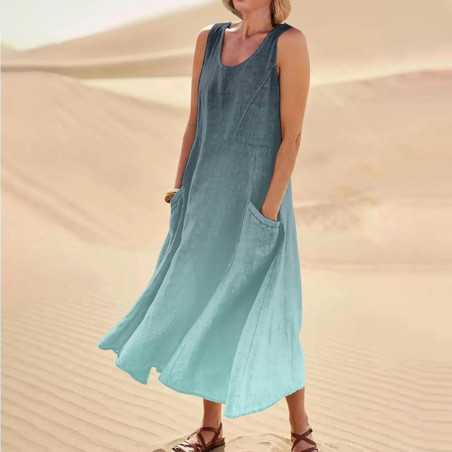Womens Plus Size Summer Dresses 2025 Gradient Ombre Trendy Casual Vacation Sleeveless Boho Tank Midi Pockets Sundresses