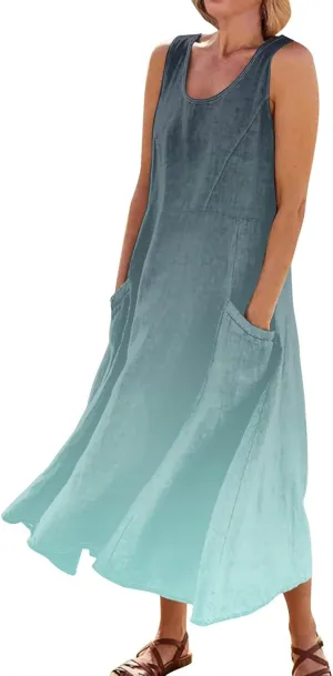 Womens Plus Size Summer Dresses 2025 Gradient Ombre Trendy Casual Vacation Sleeveless Boho Tank Midi Pockets Sundresses