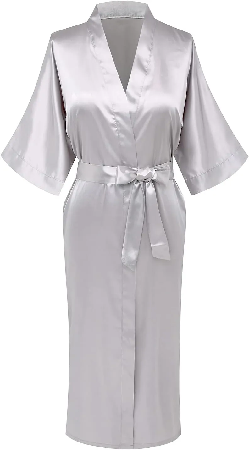 Womens Pure Color Long Satin Bathrobe Kimono Nightgown Long Dress Gown