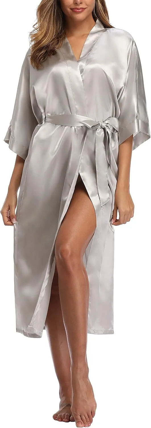 Womens Pure Color Long Satin Bathrobe Kimono Nightgown Long Dress Gown