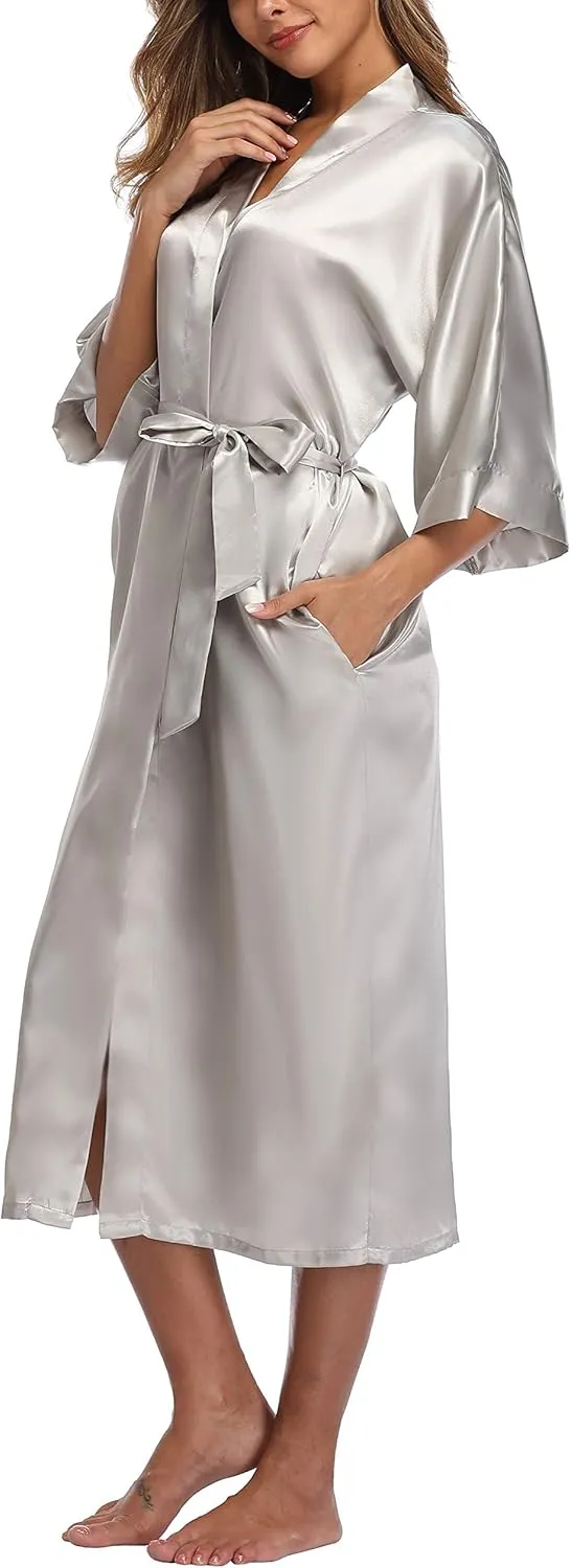 Womens Pure Color Long Satin Bathrobe Kimono Nightgown Long Dress Gown