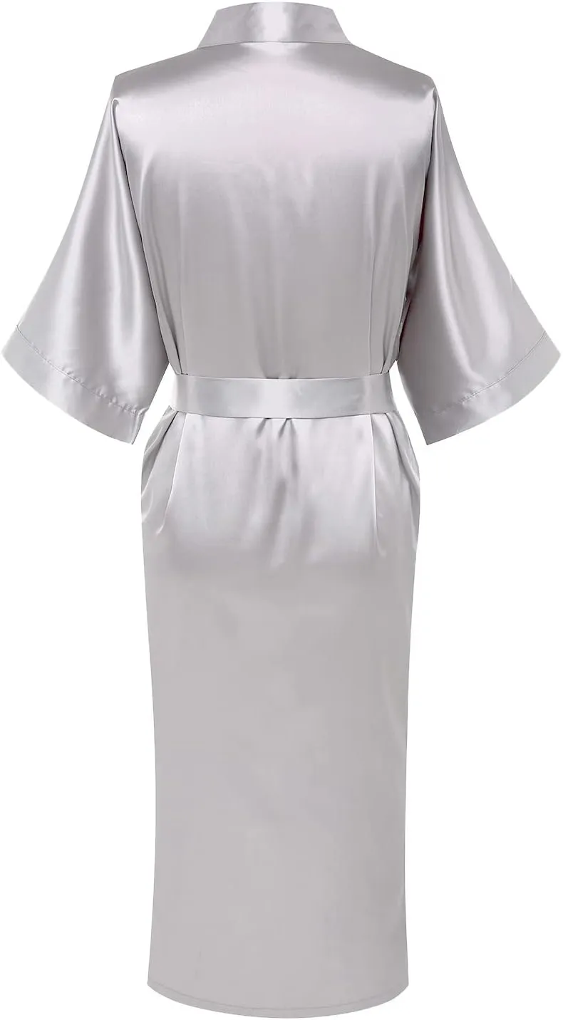 Womens Pure Color Long Satin Bathrobe Kimono Nightgown Long Dress Gown