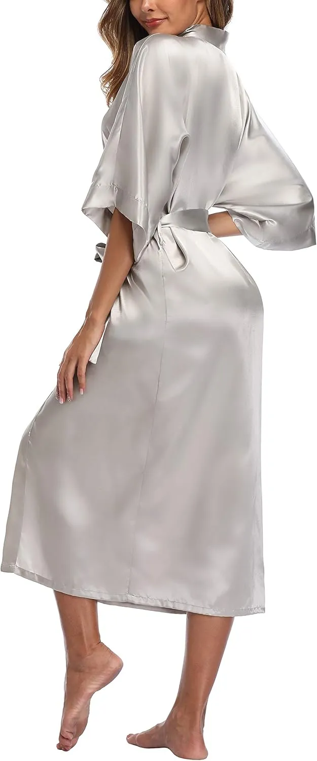 Womens Pure Color Long Satin Bathrobe Kimono Nightgown Long Dress Gown