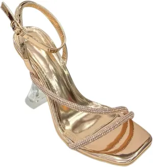 Women's Rhinestone Spaghetti Strap Ankle Strap High Heels Clear Heel Square Toe Sandals
