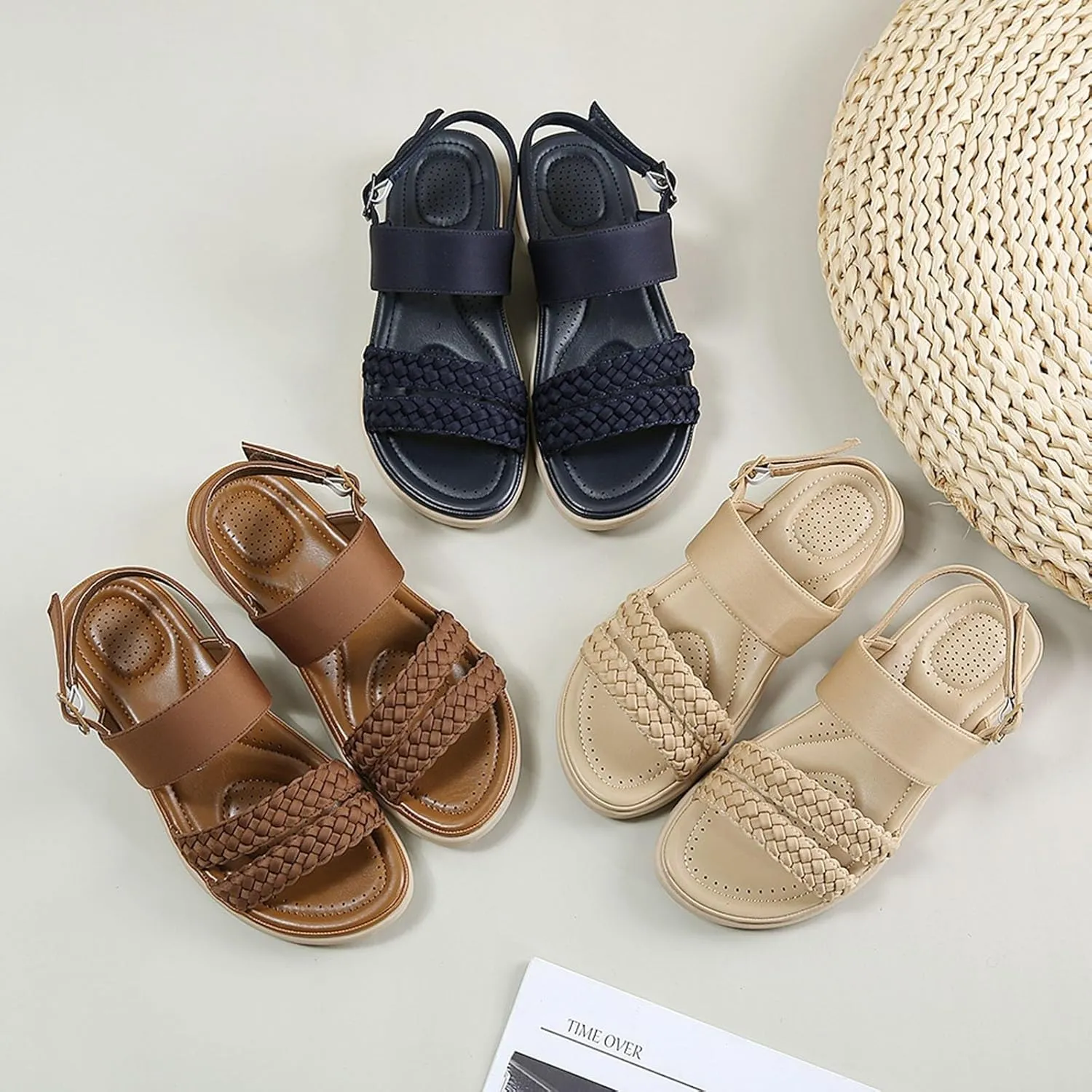 Women's Sandals Summer Bohemia Braided Shoes Buckle Flat Sandals Open Toe Low Wedge Sandals Beach Outdoor Dress Shoes