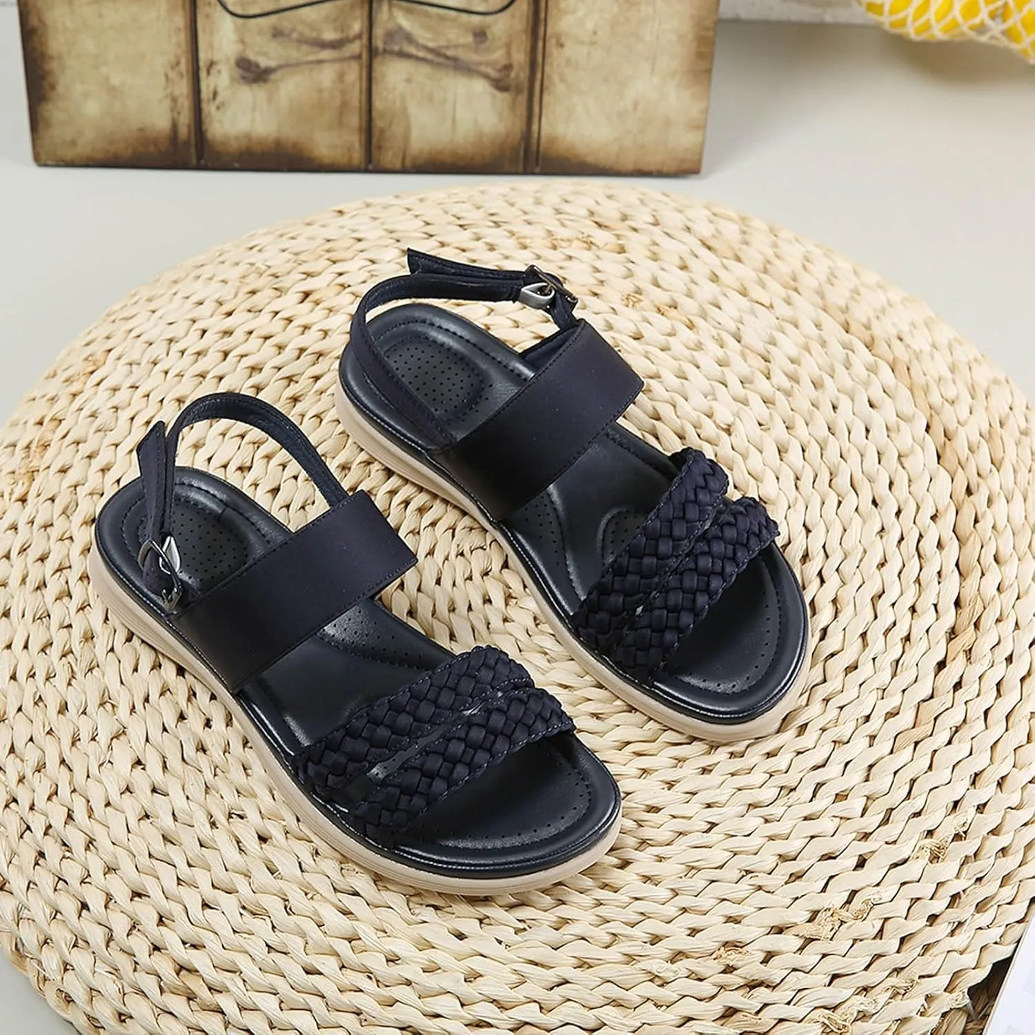 Women's Sandals Summer Bohemia Braided Shoes Buckle Flat Sandals Open Toe Low Wedge Sandals Beach Outdoor Dress Shoes