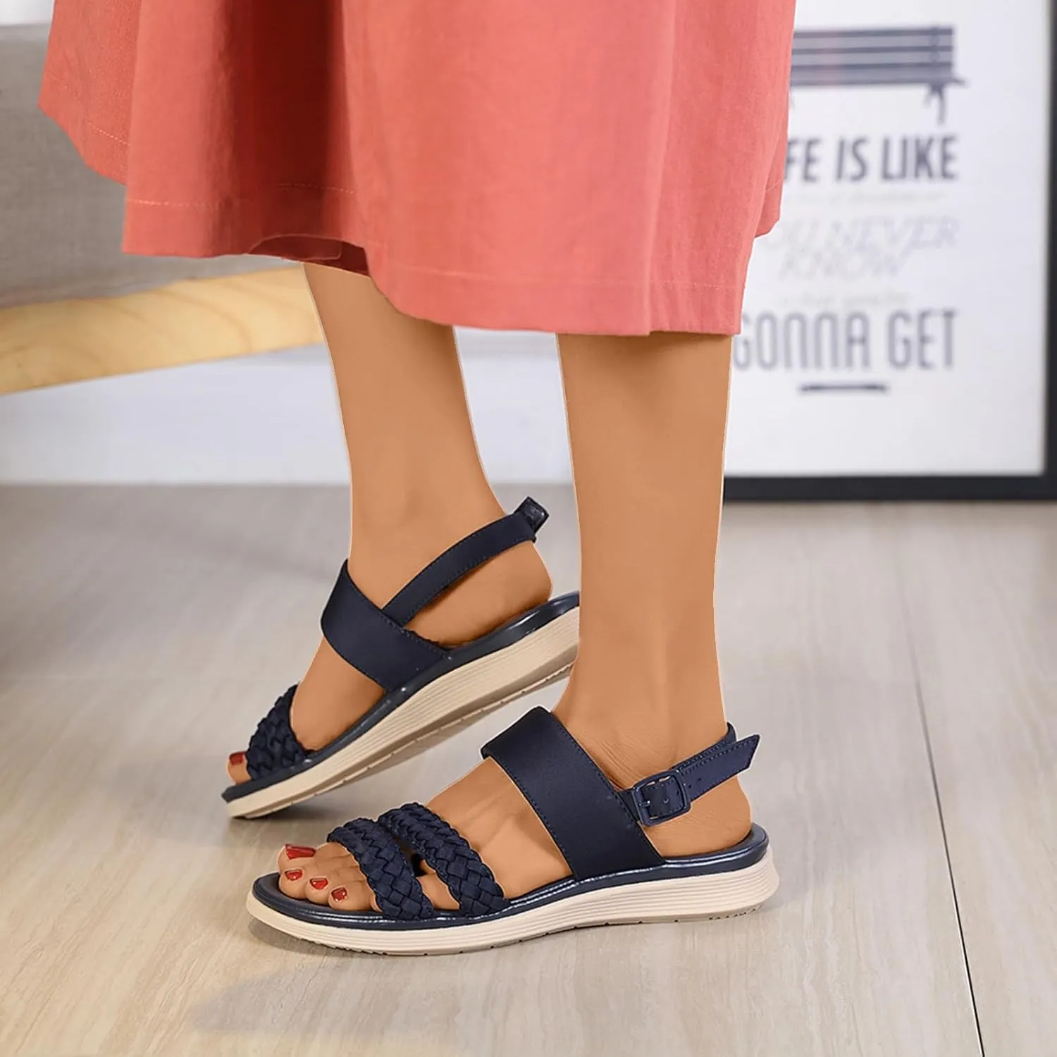 Women's Sandals Summer Bohemia Braided Shoes Buckle Flat Sandals Open Toe Low Wedge Sandals Beach Outdoor Dress Shoes