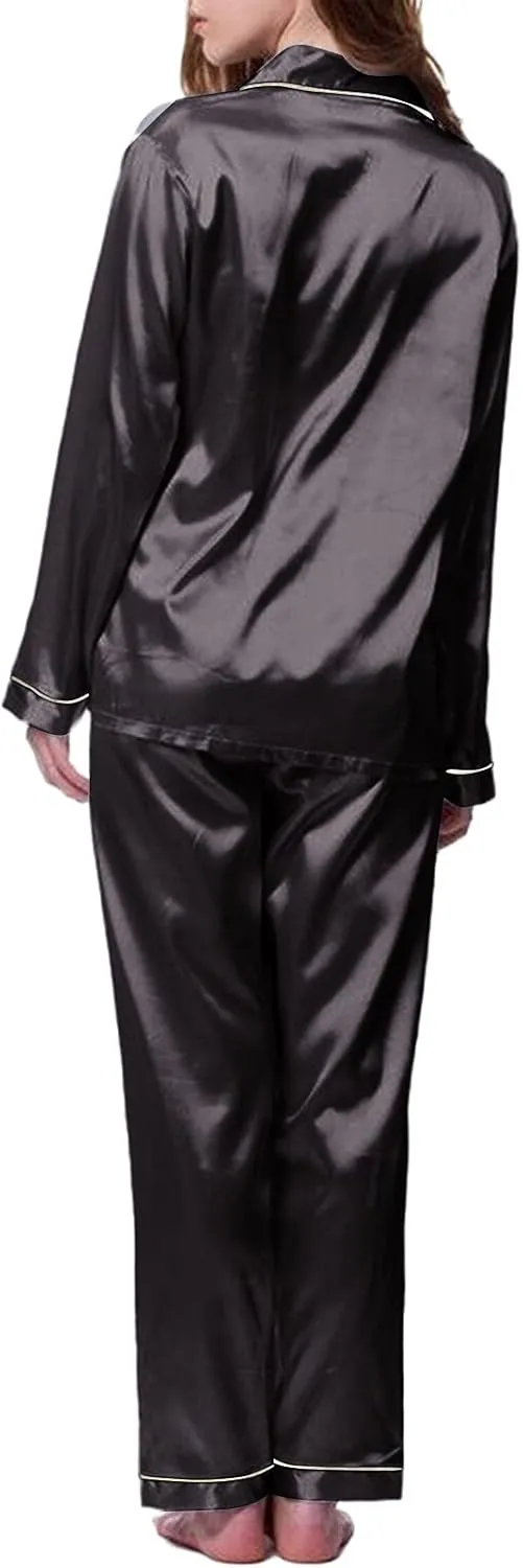 Women's Satin Long Sleeve Button Top & Trouser Pajama Set, Casual Soft Breathable Sleepwear Pj Set