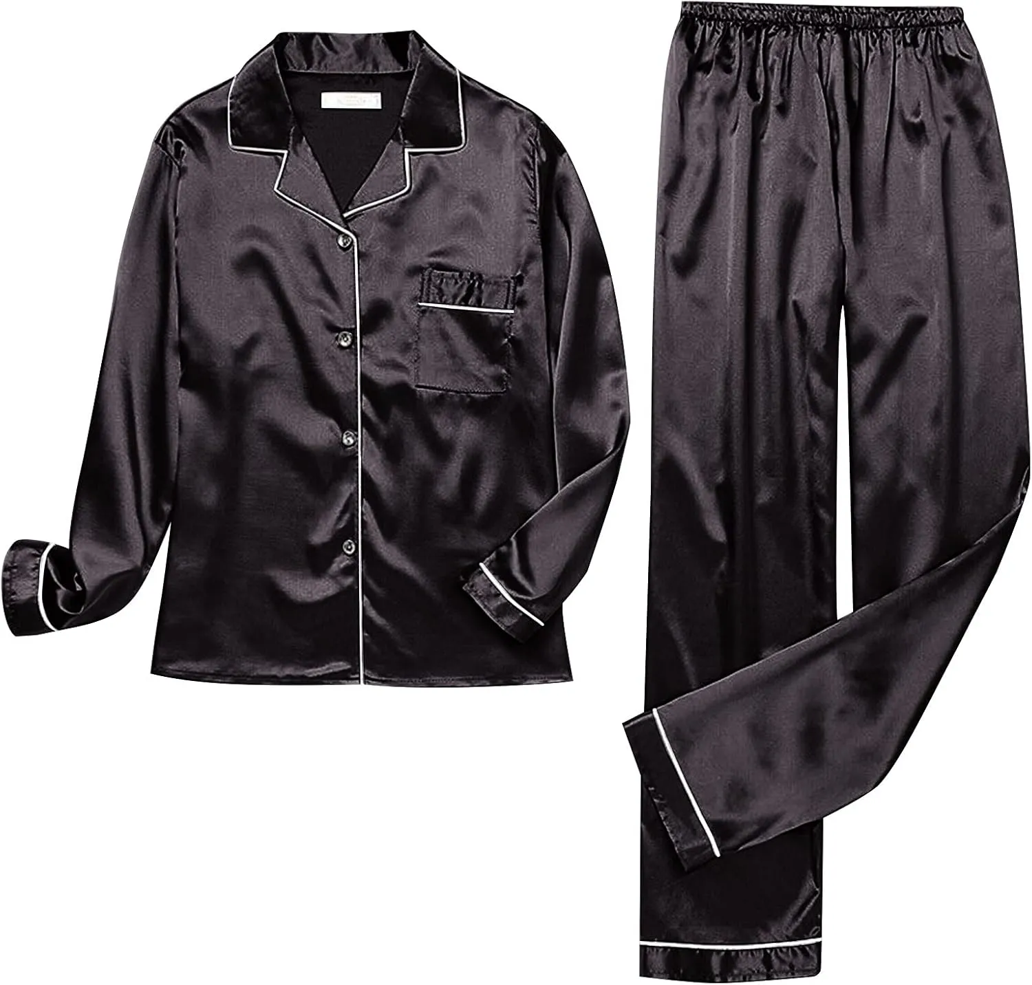 Women's Satin Long Sleeve Button Top & Trouser Pajama Set, Casual Soft Breathable Sleepwear Pj Set