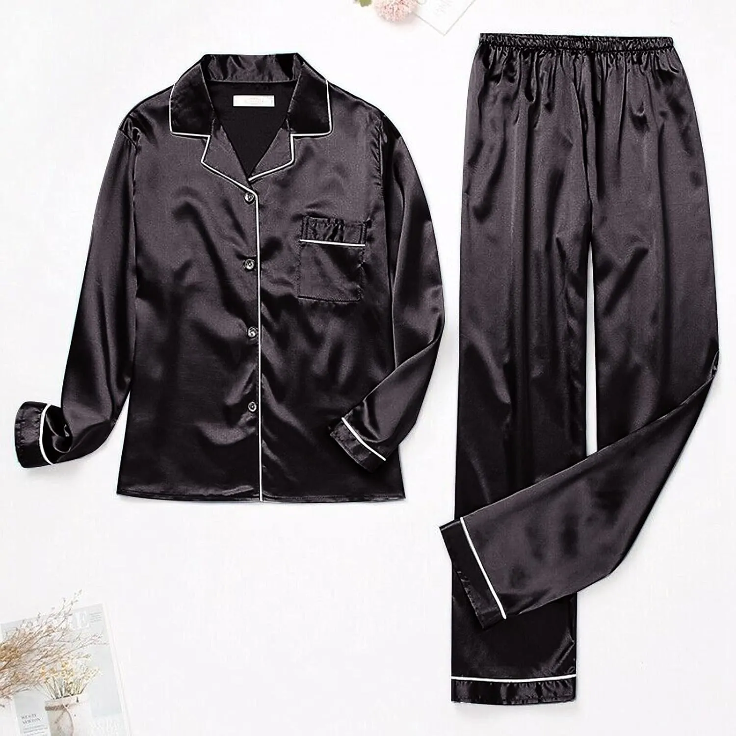 Women's Satin Long Sleeve Button Top & Trouser Pajama Set, Casual Soft Breathable Sleepwear Pj Set
