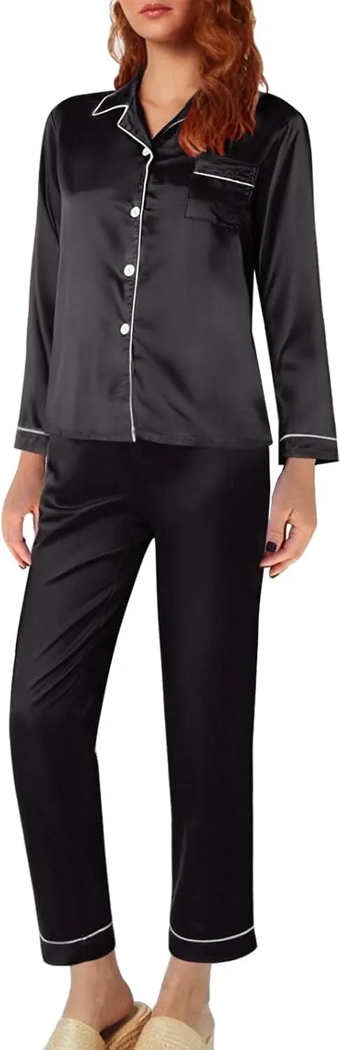 Women's Satin Long Sleeve Button Top & Trouser Pajama Set, Casual Soft Breathable Sleepwear Pj Set