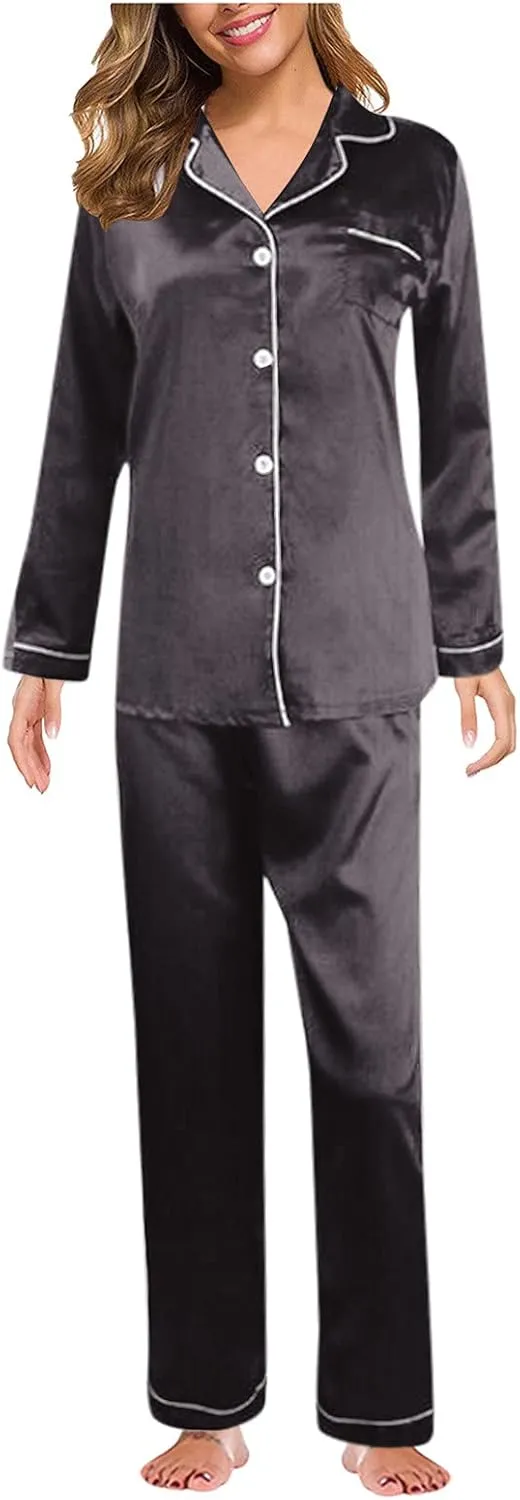 Women's Satin Long Sleeve Button Top & Trouser Pajama Set, Casual Soft Breathable Sleepwear Pj Set