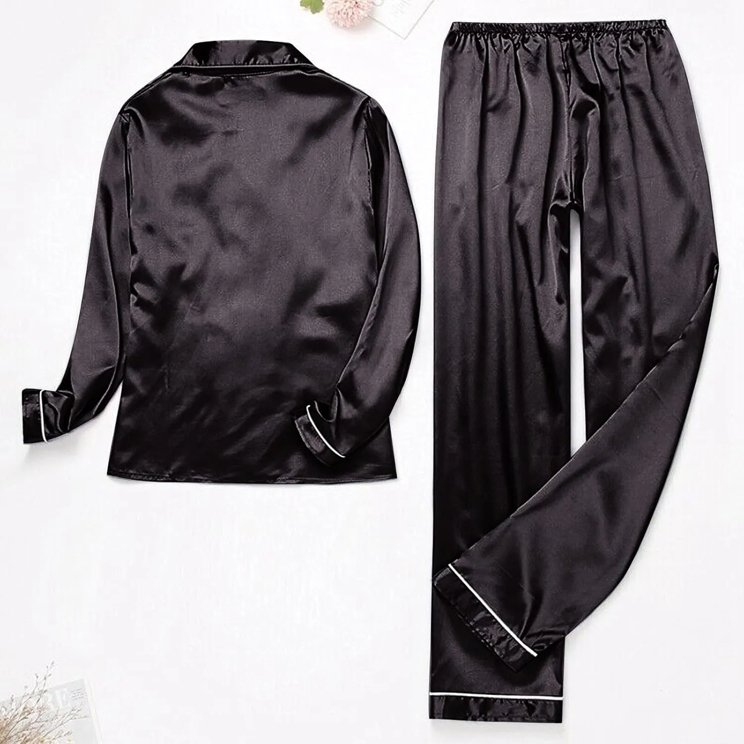 Women's Satin Long Sleeve Button Top & Trouser Pajama Set, Casual Soft Breathable Sleepwear Pj Set