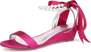 Women's Satin Pearl Wedge Heel Sandals for Women Dressy Low Heel Open Toe Work Summer Wedding Bridal Shoes