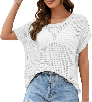 Womens Summer Crewneck Short Sleeve Tops Crochet Hollow Out Knit Pullover Shirts Casaul Loose Fit Beach Coverups