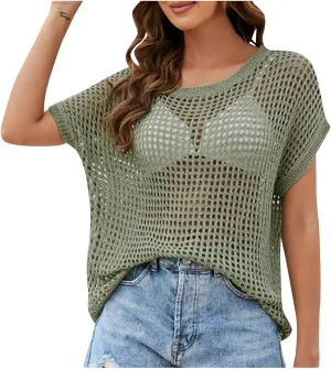Womens Summer Crewneck Short Sleeve Tops Crochet Hollow Out Knit Pullover Shirts Casaul Loose Fit Beach Coverups