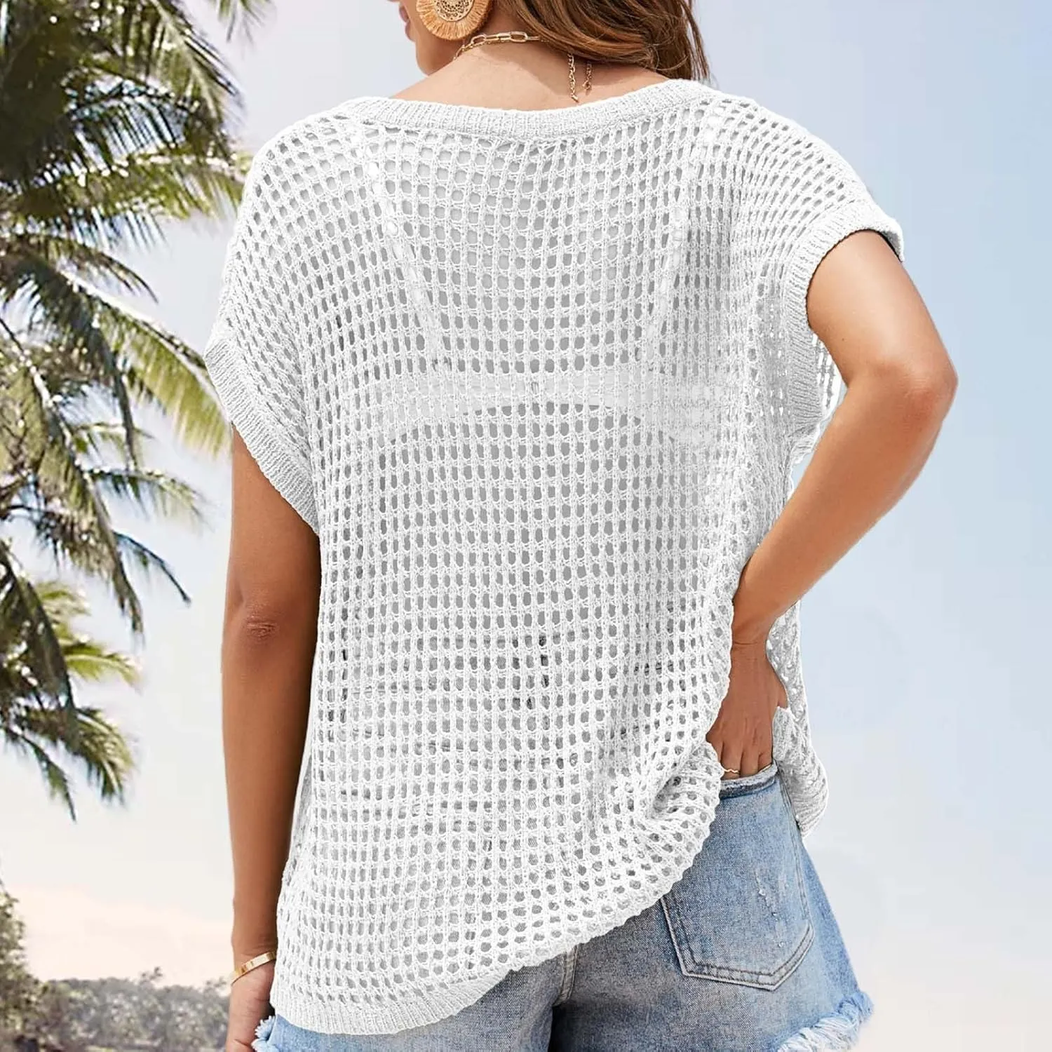 Womens Summer Crewneck Short Sleeve Tops Crochet Hollow Out Knit Pullover Shirts Casaul Loose Fit Beach Coverups