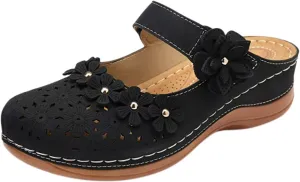 Womens Summer Slipper:2025 Leather Casual Comfort Mules Outdoor Beach Sandals with Arch Support Vintage Slip Wedge Flowers Sandals 2025