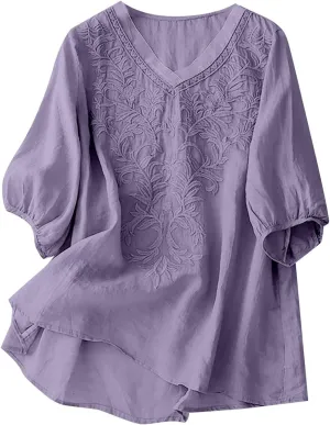 Womens Summer Tops 2025 Short Sleeve Cotton Linen Shirts Causal V-Neck Batwing Oversized T-Shirt Solid Color Top