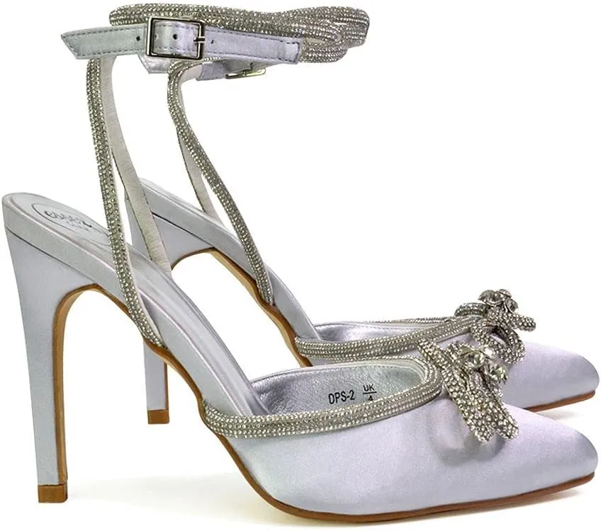 Womens Wrap Around Rhinestones Bow Ladies Pointed Toe High Heel Bridal Party Court Shoes Size 3 4 5 6 7 8