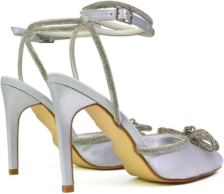 Womens Wrap Around Rhinestones Bow Ladies Pointed Toe High Heel Bridal Party Court Shoes Size 3 4 5 6 7 8