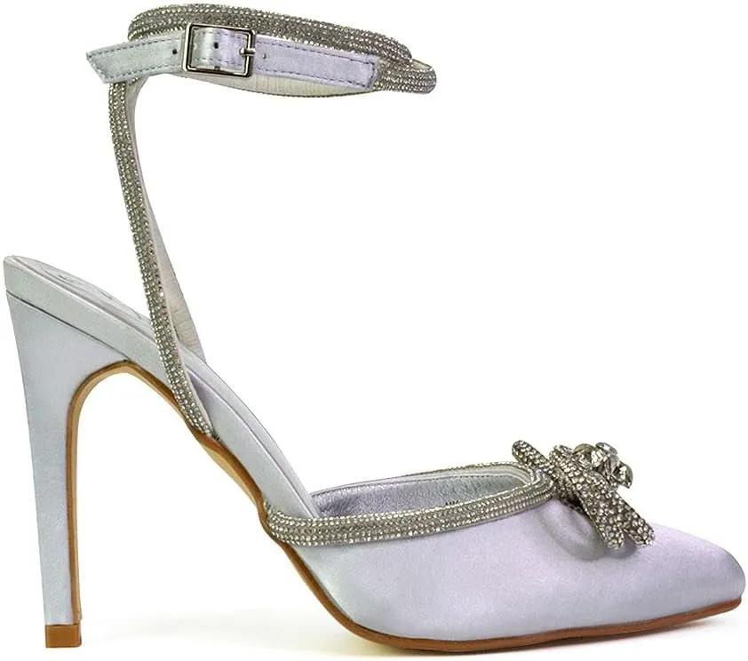 Womens Wrap Around Rhinestones Bow Ladies Pointed Toe High Heel Bridal Party Court Shoes Size 3 4 5 6 7 8
