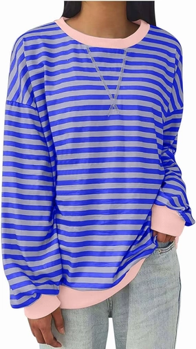 Womens 2024 Fall Sweatshirts Long Sleeve Striped Color Block Casual Loose Pullover Trendy Crewneck Y2K Tops