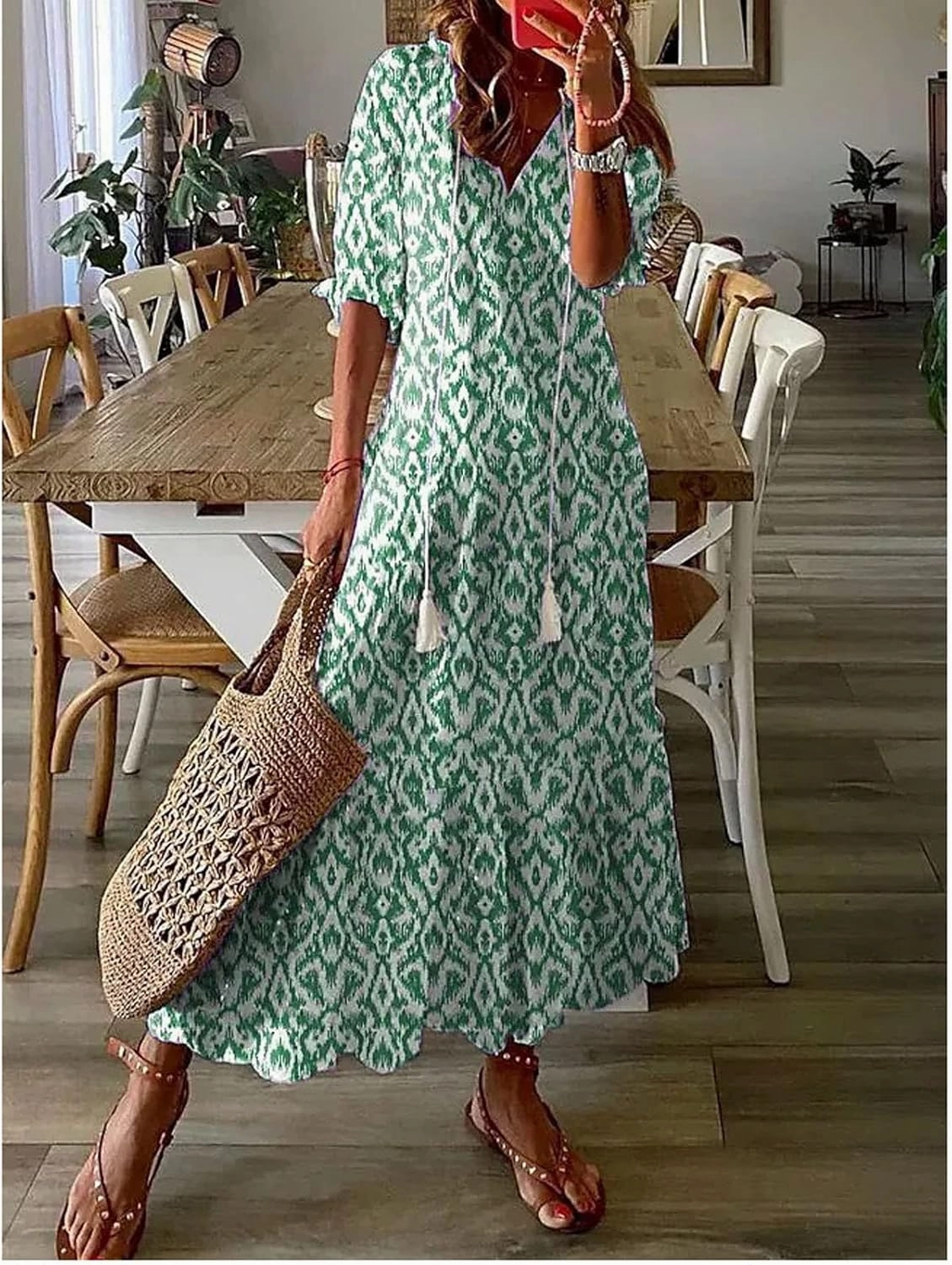 Womens Boho Printed Spring Summer Dress - V-Neck, Three-Quarter Sleeve, A-Line, Hide Belly