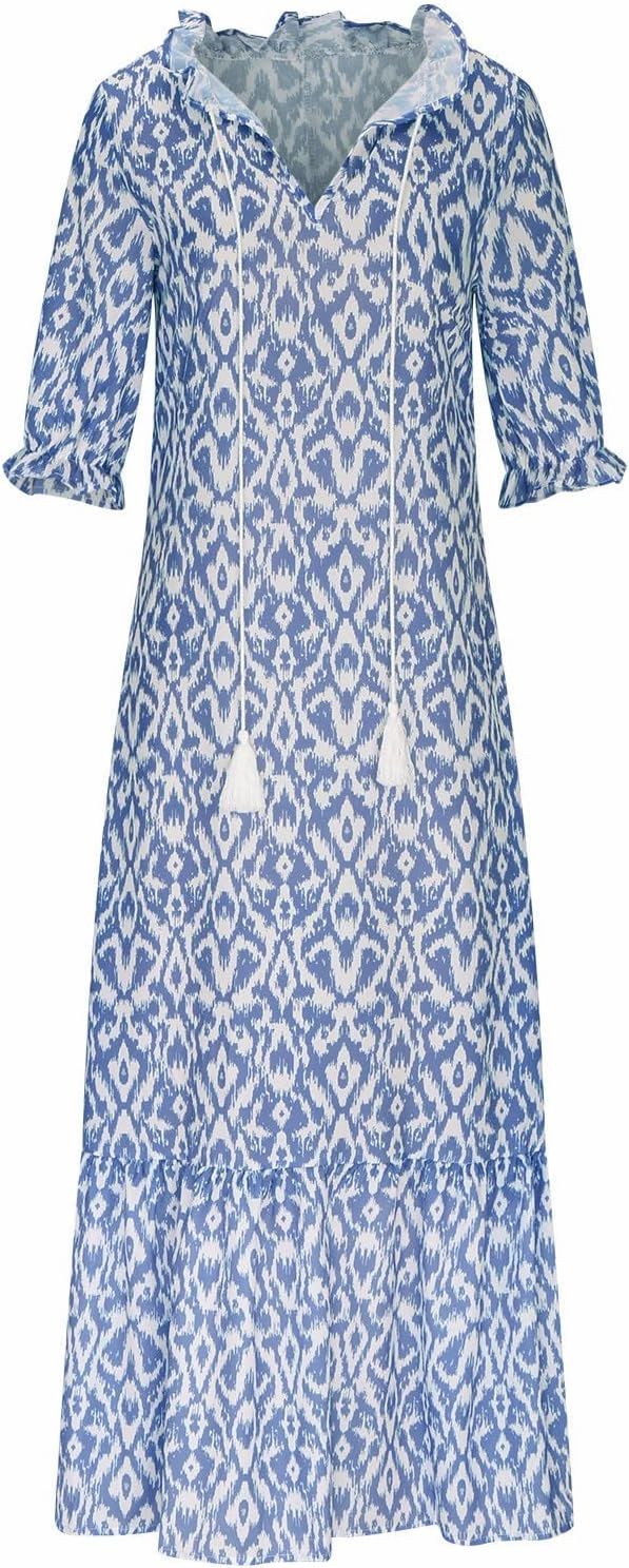 Womens Boho Printed Spring Summer Dress - V-Neck, Three-Quarter Sleeve, A-Line, Hide Belly