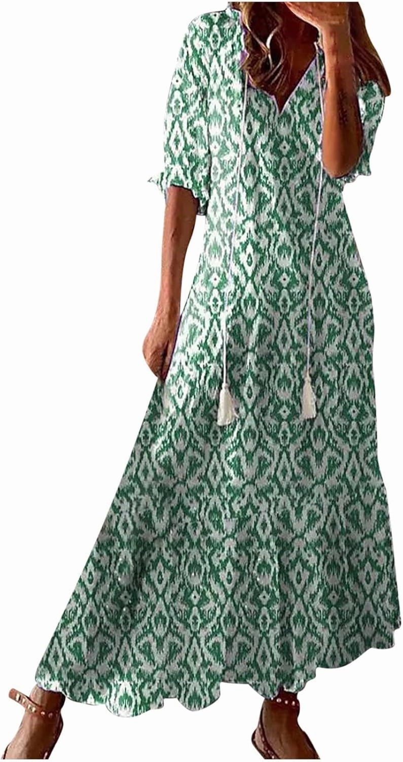 Womens Boho Printed Spring Summer Dress - V-Neck, Three-Quarter Sleeve, A-Line, Hide Belly