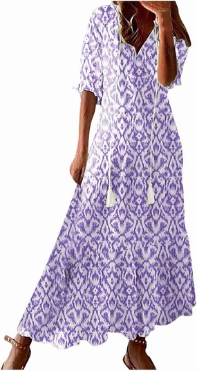 Womens Boho Printed Spring Summer Dress - V-Neck, Three-Quarter Sleeve, A-Line, Hide Belly