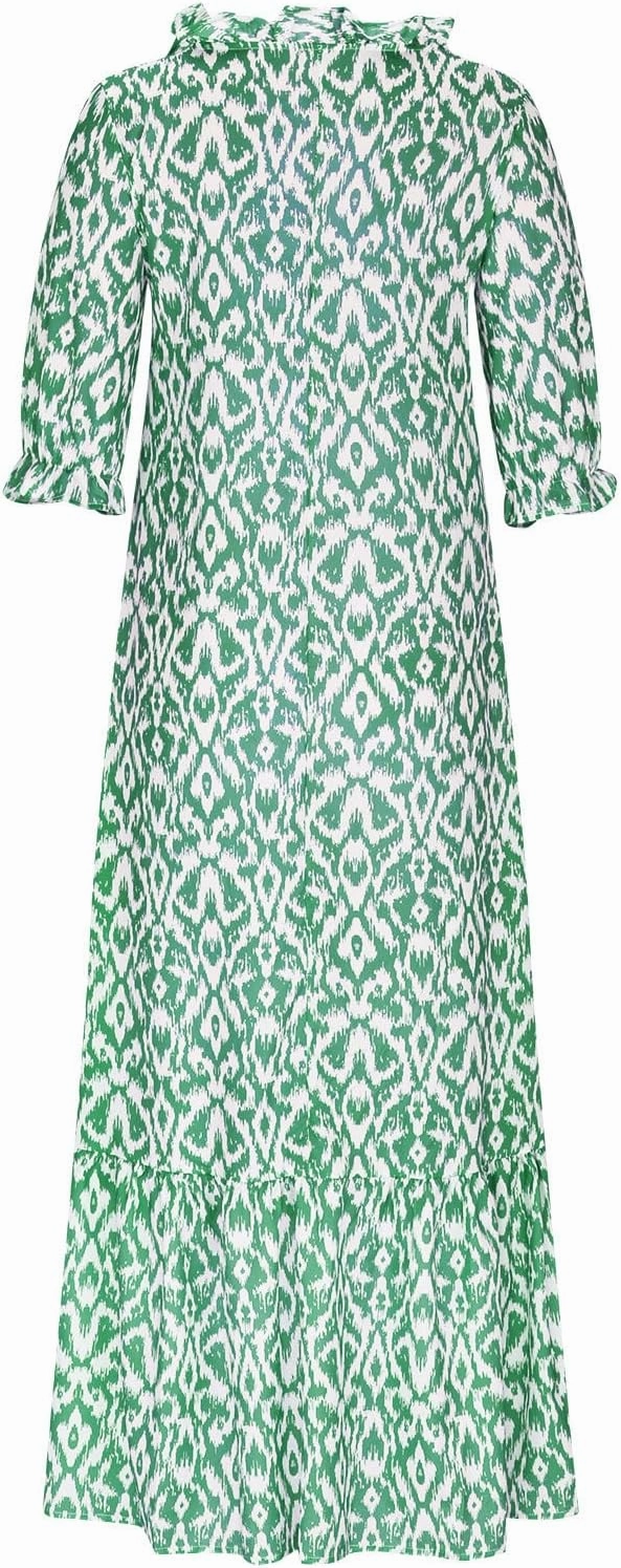 Womens Boho Printed Spring Summer Dress - V-Neck, Three-Quarter Sleeve, A-Line, Hide Belly