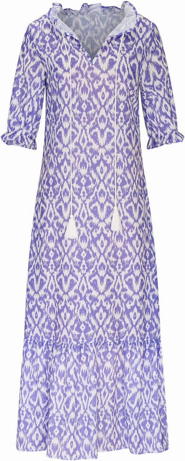 Womens Boho Printed Spring Summer Dress - V-Neck, Three-Quarter Sleeve, A-Line, Hide Belly