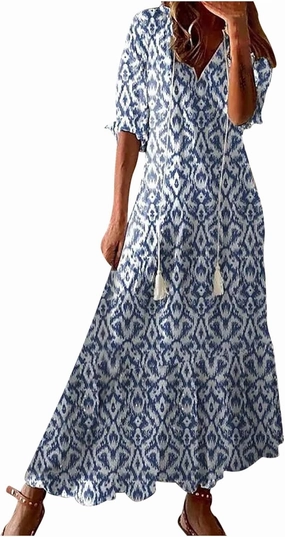 Womens Boho Printed Spring Summer Dress - V-Neck, Three-Quarter Sleeve, A-Line, Hide Belly