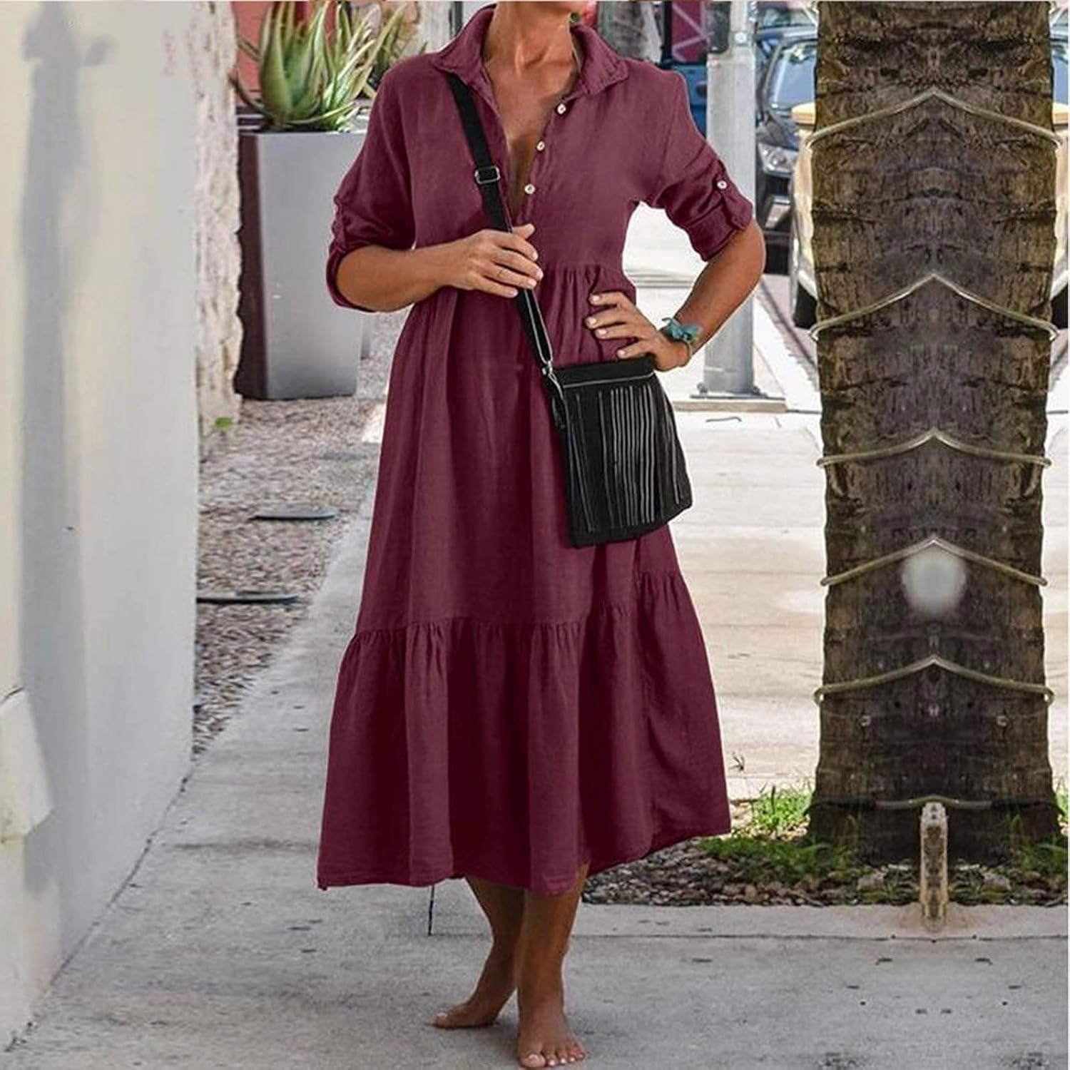 Womens Cotton Linen Dress Casual Roll Up Sleeve Flowy Casual Dresses Button Up Lapel Collar Empire Waist Dresses