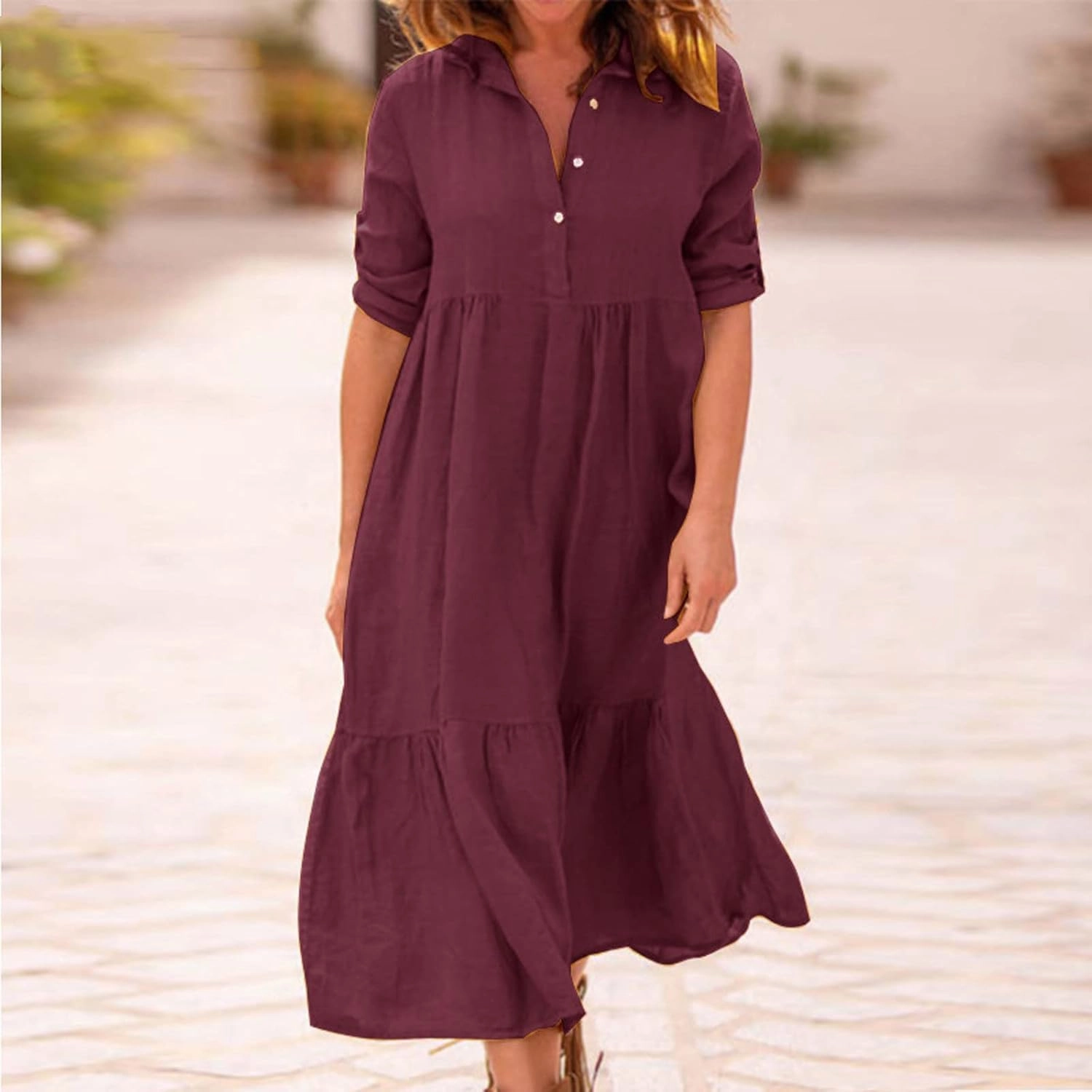Womens Cotton Linen Dress Casual Roll Up Sleeve Flowy Casual Dresses Button Up Lapel Collar Empire Waist Dresses