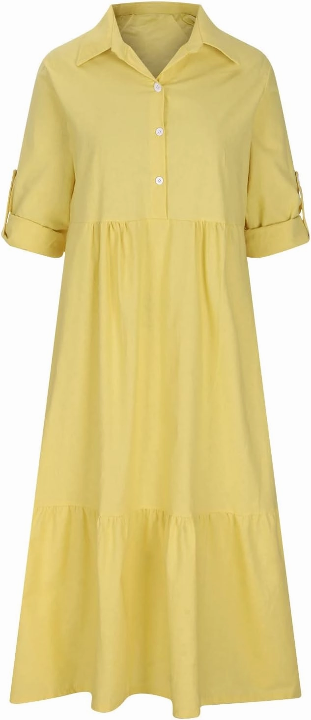 Womens Cotton Linen Dress Casual Roll Up Sleeve Flowy Casual Dresses Button Up Lapel Collar Empire Waist Dresses