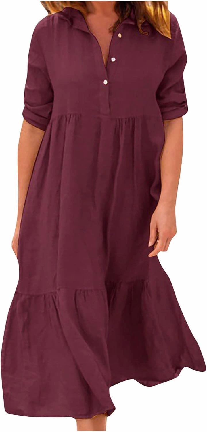 Womens Cotton Linen Dress Casual Roll Up Sleeve Flowy Casual Dresses Button Up Lapel Collar Empire Waist Dresses