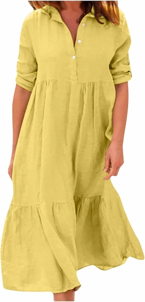 Womens Cotton Linen Dress Casual Roll Up Sleeve Flowy Casual Dresses Button Up Lapel Collar Empire Waist Dresses