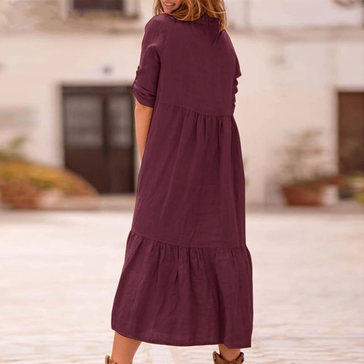 Womens Cotton Linen Dress Casual Roll Up Sleeve Flowy Casual Dresses Button Up Lapel Collar Empire Waist Dresses